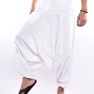 Witte katoenen wijde broek, hmong-broek, yogabroek, harembroek, bohobroek, hippiebroek, uniseks gratis upgrade express verzending