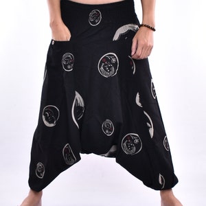 Zwarte Japan Kids Bedrukte Katoen baggy broek, Hmong broek, Yoga broek, Harem broek, Low Cut broek, Hippie broek Gratis Upgrade Express Verzending