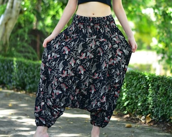 Black Koi Fish Print Cotton Baggy Harem Pants, Unisex Thai Boho Style