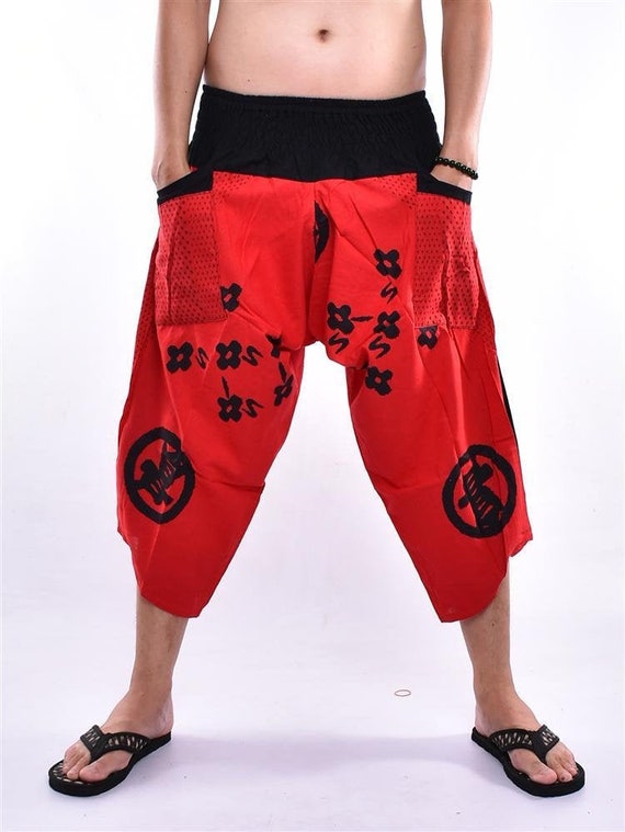 Red Samurai Pants, Cotton, Japan Symbol Print, Unisex Yoga Trousers