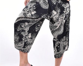 Pantalones samurái con estampado de arowana negra, unisex, de algodón, estilo pescador.