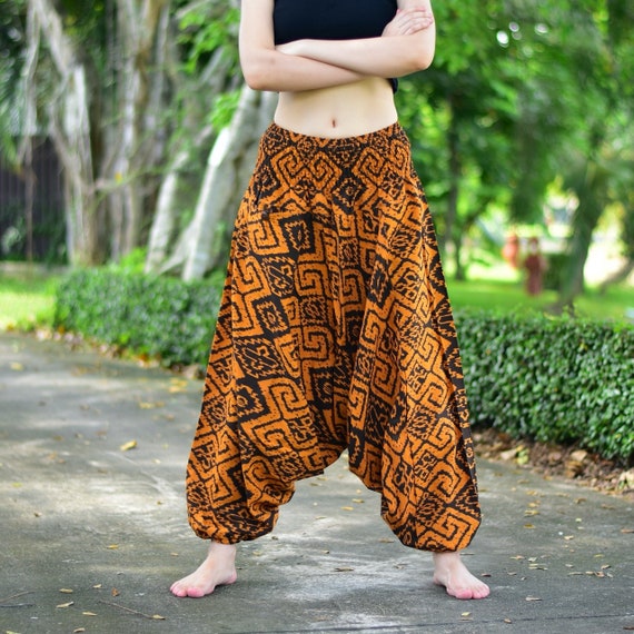 Brown Square Print Hmong Baggy Pants, Unisex Cotton Tribal