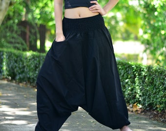 Pantalones harem de algodón negro, estilo bohemio unisex, largo de 96,5 cm (38")