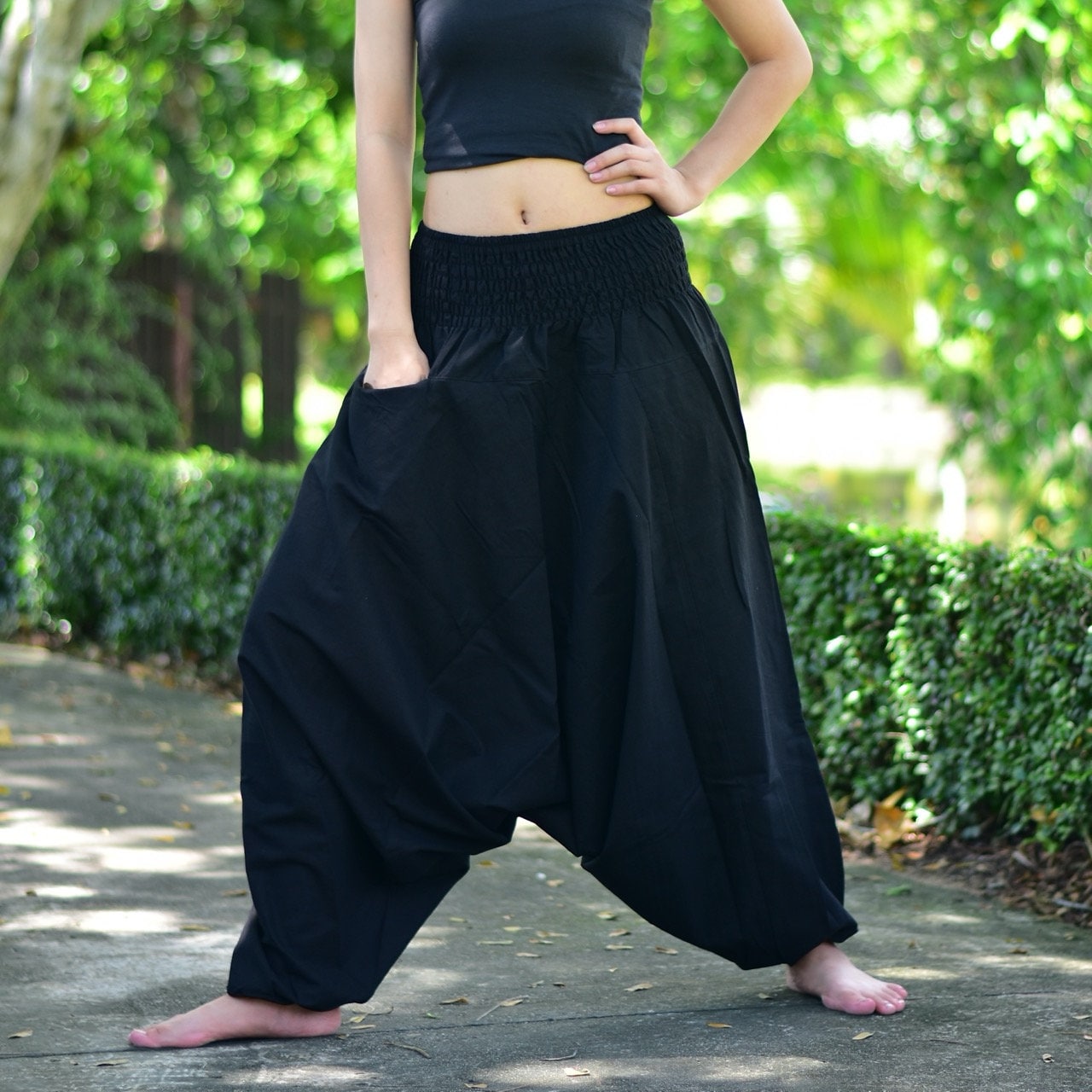 Black Cotton Harem Pants, Unisex Boho Tribe Style, 38