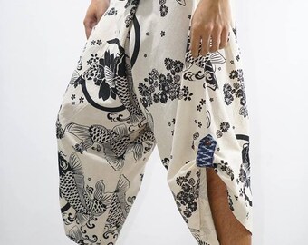 White Koi Print Cotton Samurai Pants, Unisex Thai Fisherman Trousers