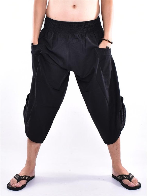 Black Cotton Samurai Pants, Yoga Trousers, Wide Leg Fisherman Style