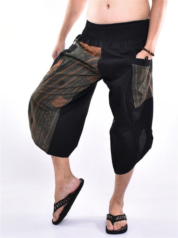 Samurai Harem Pants, Printed Cotton Trousers, Unisex Yoga & Parkour Style