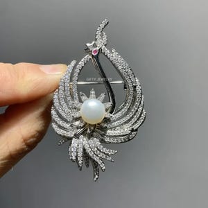 Antique Diamond Brooch, Luxury Pearl Bird Brooch, Elegant Statement Jewelry, Silver Brooch Pin, Art Deco Vintage Brooch, Unique Women Gift