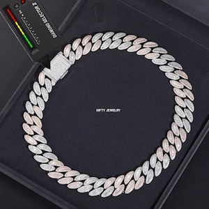 20 mm Iced Out Silver Miami Cuban Chain, Naszyjnik VVS Moissanite, Ręcznie osadzony łańcuszek z ogniwami kubańskimi Moissanite, 6" - 24" PASSES DIAMOND Tester