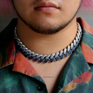 16mm Iced Out Cuban Link Chain, VVS1 Moissanite Round Cut Hip-hop Necklace, Full Silver Sapphire 16&quot; - 24&quot; Pass Diamond Tester