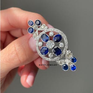 Art deco saffier en diamanten broche, antieke brochespeld, vintage broche handgemaakt, uniseks bloemenaccent luxe brochespeld, best-buy-pin