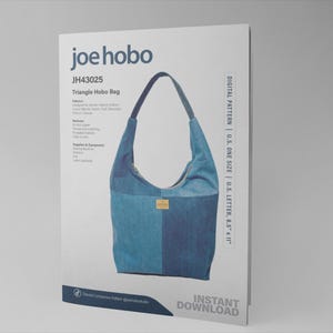 Peut inclure: Un patron de couture numérique pour un sac hobo triangulaire. Le patron est au format lettre US, 8,5 x 11 pouces. Le patron est pour une taille unique. Le sac est en tissu denim et a un coloris bleu et blanc. Le patron s'appelle "Joe Hobo" et le numéro de patron est JH43025.