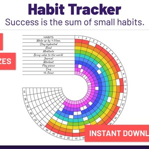 Könnte beinhalten: Ein druckbarer Habit Tracker mit einem kreisförmigen Diagramm in Regenbogenfarben. Das Diagramm ist in 31 Abschnitte unterteilt, die jeweils mit einer Zahl von 1 bis 31 versehen sind. Das Diagramm ist von einer Liste von Gewohnheiten umgeben, darunter "Wach sein um 4:30 Uhr", "Hydriert bleiben", "Lesen", "Meditieren", "Wert in die Welt bringen", "Tagebuch führen", "Training", "Klavierspielen", "Singen" und "4 Stunden Fokus". Der Text "Habit Tracker" und "Erfolg ist die Summe kleiner Gewohnheiten." befindet sich oben auf der Seite. Der Text "INSTANT DOWNLOAD" befindet sich unten auf der Seite.