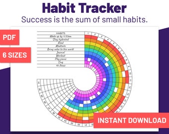May include: A printable habit tracker with a rainbow-colored circular chart. The chart is divided into 31 sections, each with a number from 1 to 31. The chart is surrounded by a list of habits, including "Wake up by 4:30am", "Stay hydrated", "Read", "Meditate", "Bring value to the world", "Journal", "Workout", "Play piano", "Sing", and "4h focus". The text "Habit Tracker" and "Success is the sum of small habits." is at the top of the page. The text "INSTANT DOWNLOAD" is at the bottom of the page.