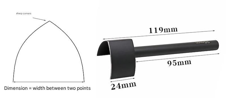 May include: Black leathercraft tool with a curved head and a cylindrical handle. The tool's dimensions are 119mm long, with a handle length of 95mm and a head width of 24mm. The image also includes a diagram of the tool's shape.