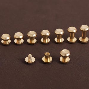 Könnte beinhalten: Eine Sammlung von Messingnieten und -schrauben, angeordnet auf einer braunen Oberfläche. Die Nieten haben einen flachen, kreisförmigen Kopf und einen zylindrischen Körper. Die Schrauben haben einen Gewindeschaft. Metallbeschläge für Lederarbeiten oder ähnliche Projekte.