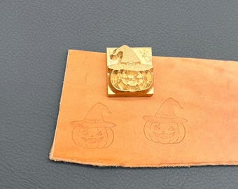 Cute Jack O' Lantern Brass Foil Stamp Die – Halloween Pumpkin with Hat Copper Mold for DIY Leather Craft, Cards & Gift Tags(Optional Rod)