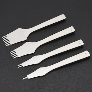 May include: Four stainless steel leather working tools with different shaped heads. The tools include a multi-prong punch, a single-prong punch, and a pointed awl. Each tool has the number "3.0" etched on the handle.
