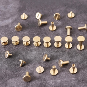 May include: An assortment of small, brass-colored metal fasteners, including screws and rivets, are arranged on a dark gray surface. The fasteners vary in shape, with flat, round heads and either screw threads or posts for attachment. The image is well-lit, highlighting the metallic sheen.