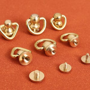 May include: A collection of brass-colored metal hardware pieces, including D-rings and screw-in studs. The hardware has a polished finish and is arranged on a reddish-brown surface. The D-rings have a rounded design, while the studs have threaded posts.