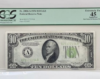 1934 10 LGS Boston Federal Reserve Note PGCS “Extremely Fine 45”