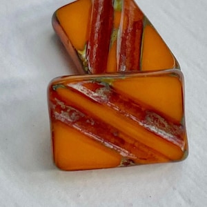 13mm Rectangle Tangerine Orange Rectangle with Stripes, Fire Opal Czech Glass,Carnelian stone glass Opaline with Picasso finish