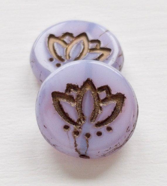 14mm Lotus Flower Coin Lilac Opal Beads, Czech Glass Beads For Jewelry Making,Bronze Lotus beads, Yoga beads ohm, gems & cabochons