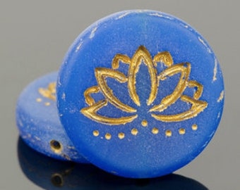 19mm Lotus Flower Royal Blue Coin gold finish Beads, Lapis Blue Opaline,Czech Glass Beads For Jewelry Making,Coin Lotus Beads,Yoga Beads Ohm