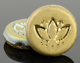 14mm Gold Iridescent Lotus Flower Coin Beads,Czech Glass Beads Jewelry Making,Lotus Bloom,Metallic Half Rainbow,Coin Yoga beads ohm, gems