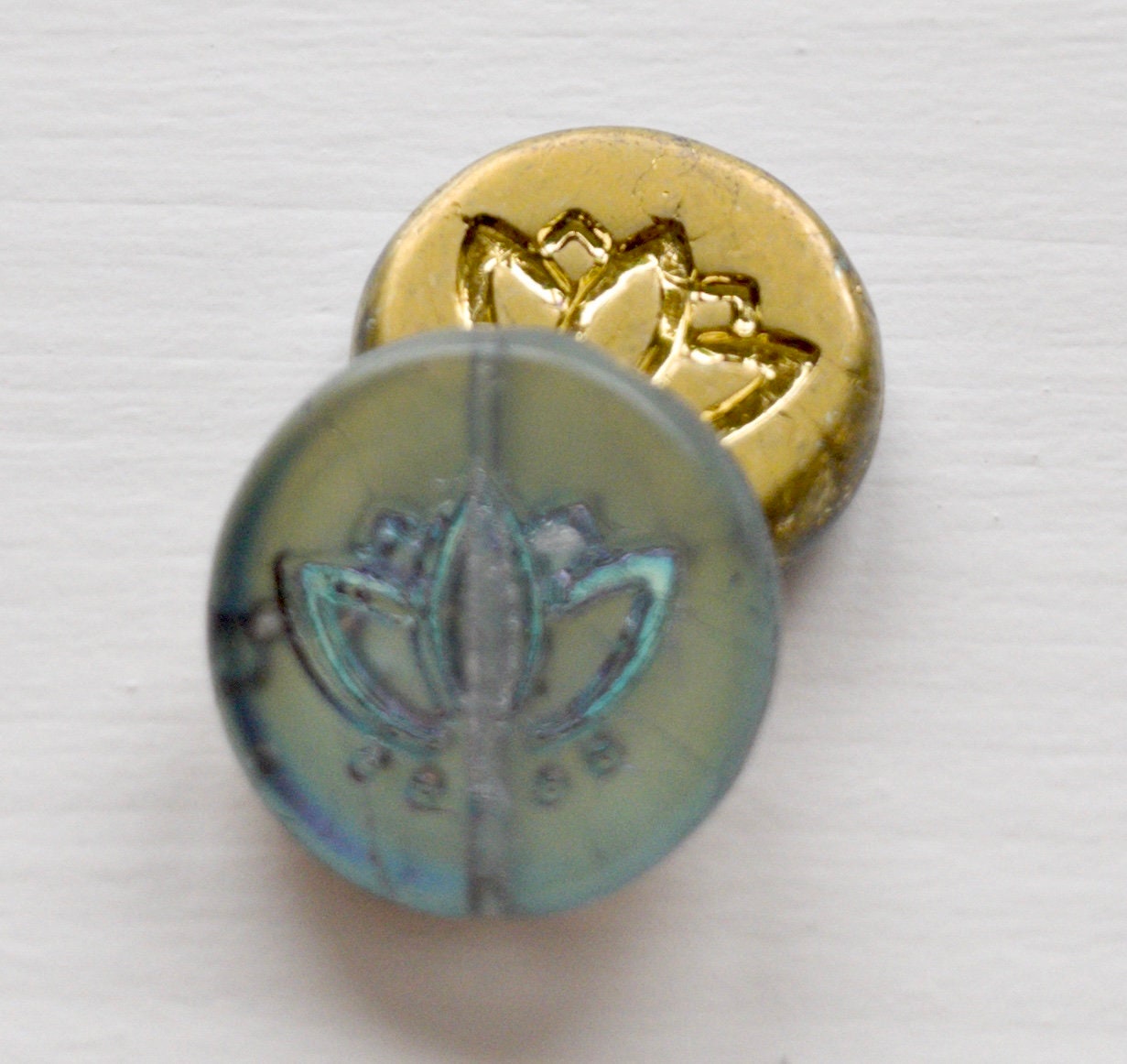 14mm Gold Iridescent Lotus Flower Coin Beadsczech Glass Beads Etsy