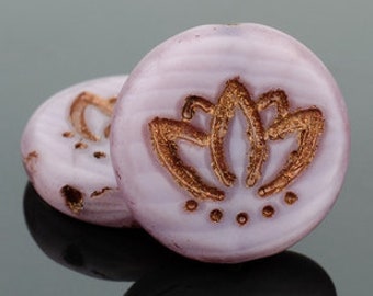 14mm Lotus Flower Coin Purple Silk Stripe Mix Matte with Dark Bronze Wash,Czech Glass Beads For Jewelry Making,Lotus Bloom beads,Yoga bead