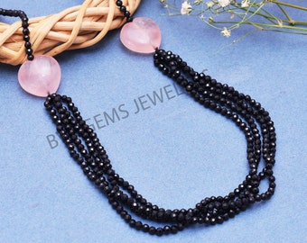 Natural Black Spinel Necklace, Black Spinel 2.5mm Faceted Rondelle  Beaded Jewelry Necklace, Black Spinel Rose Quartz Designer Jewelry