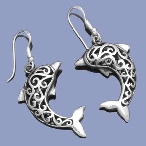Sterling Silver fish hook dangle & drop earrings | Dolphin Pendants Charms in Antiqued Silver Tone | Antique Finish Oxidized Hook Earrings