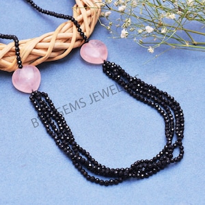 Natural Black Spinel Necklace, Black Spinel 2.5mm Faceted Rondelle  Beaded Jewelry Necklace, Black Spinel Rose Quartz Designer Jewelry
