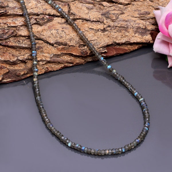 Natürliche Labradorit Halskette, facettierte Rondelle 3-3.5 mm Labradorit Grau Perlen Halskette, Labradorit Perlen Halskette, Labradorit Halskette