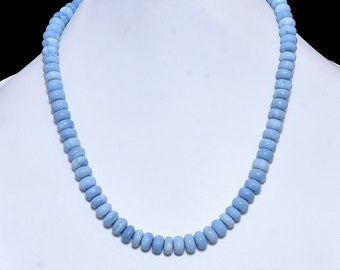 Natural Blue Opal Smooth Roundel Beaded Necklace, 7.5-8 mm Blue Opal Gemstone Necklace, Blue Opal Beaded Necklace, Opal Blue Beads Necklace