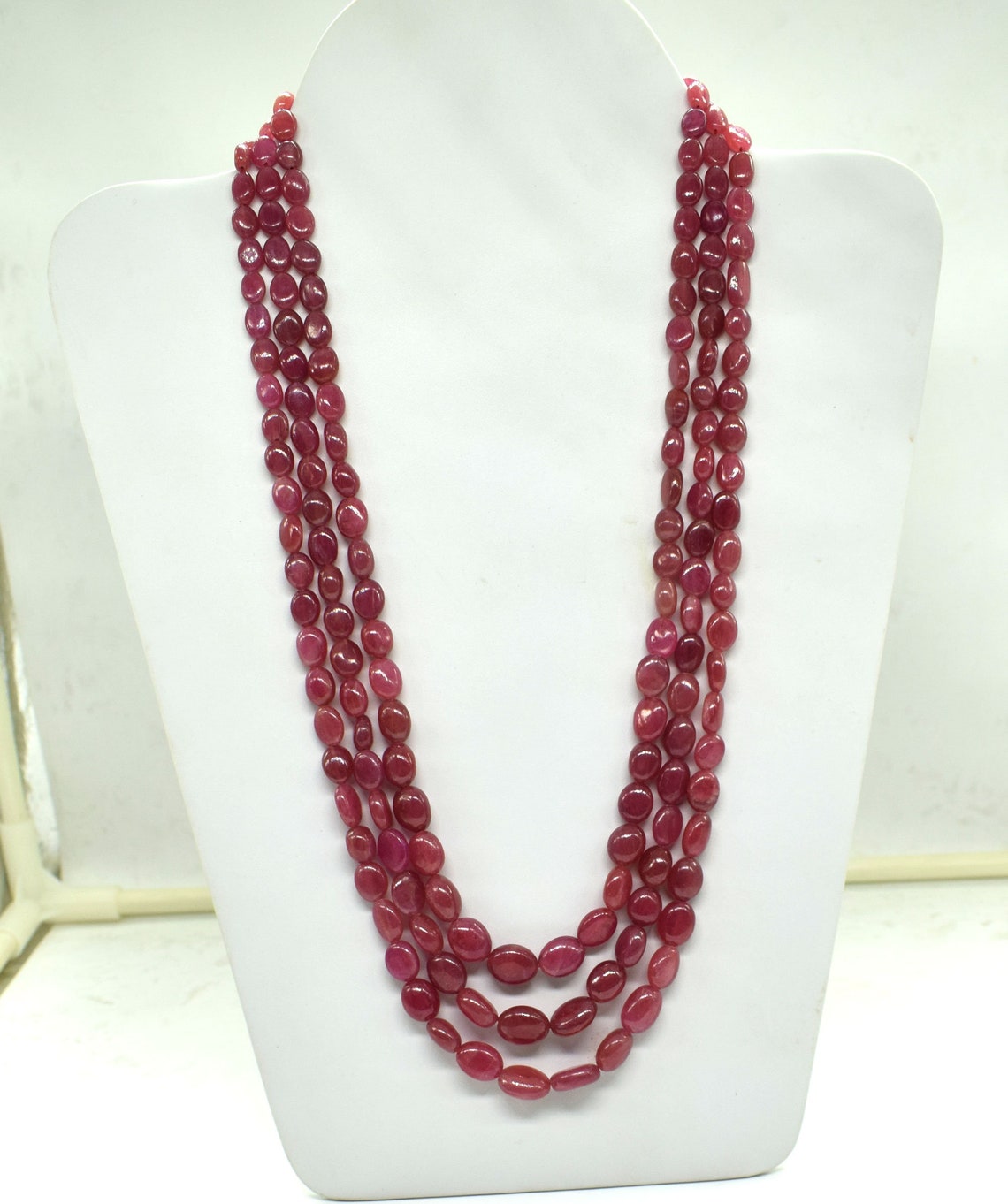 3 Strand Ruby Smooth Oval Beads Necklaceruby Gemstone Etsy