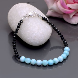 Natural Black Spinel and Larimar Smooth Round Beaded Bracelet, Beautiful Multi stone Black Spinel And Larimar designer jewelry Gift for her