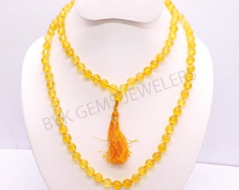 Collar de cuentas mala anudadas de citrino amarillo/108 cuentas mala/Collar con borlas/Piedra curativa para meditación/Cuentas de oración/Cuentas espirituales positivas