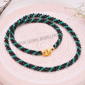 Natural Black Spinel Hand Woven Beaded Necklace, 2mm Micro Faceted Black Spinel & Green Onyx Round Bead Necklace, Handmade Black Necklace