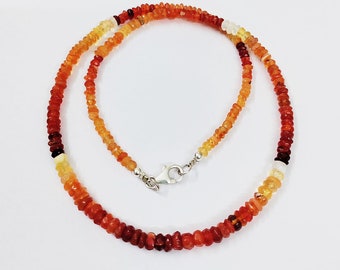 Natural Mexican Fire Opal Beaded Necklace, 925 Sterling Silver Lock, orange beads jewelry,