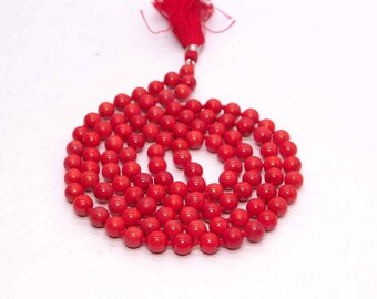 Natural Red Coral 108 Beads Mala Necklace, Coral Gemstone Mala, Japa Mala, Hand Knotted Coral Tassel Necklace, Red Coral Prayer Mala