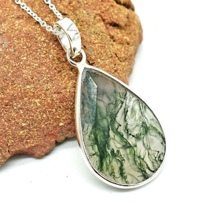 Natural Pear Moss Agate Pendant, Bezel Moss Agate Necklace, AAA Moss Agate Jewelry, 925 Silver Pendant, Green Moss Necklace, Gift For Her