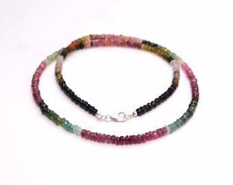 AAA Multi Tourmaline Necklace, Faceted Roundel Beads, Watermelon Tourmaline  Beaded Necklace Jewelry, 925 Silver Lobster Clasp