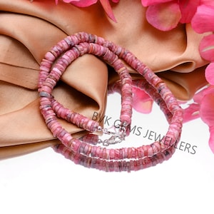 Natural Rhodochrosite Heishi Tyre Shape Beaded Necklace,7-7.5 mm Rhodochrosite Smooth Wheel Bead Necklace, Rhodochrosite Beaded Gemstone