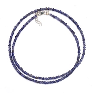 Natural Iolite Beaded Necklace, Iolite 3MM Beads Necklace, Rondelle Faceted Iolite Jewelry, Beaded Necklace, 925 Silver Lock Iolite Necklace