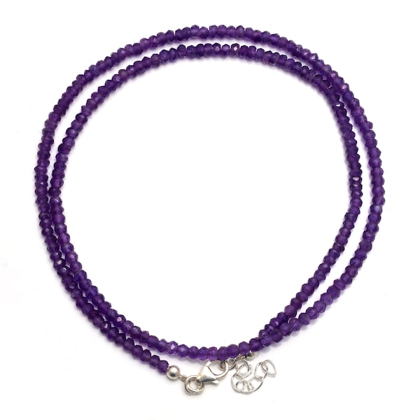 Collana di perle di ametista naturale, collana di gioielli in ametista, perle sfaccettate rondelle da 3 mm, collana di gioielli con perle di ametista, lunghezza regolabile