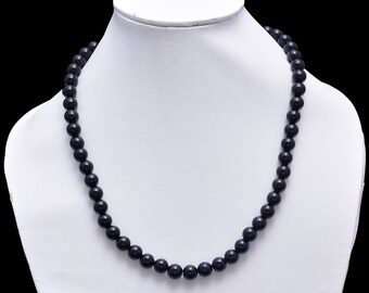 Natural Black Tourmaline Smooth Round 8MM Beads Necklace | Black Tourmaline Beaded Necklace | Black Tourmaline October Birthstone Jewelry