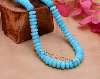 Blue Peruvian Opal Smooth Rondelle Beads Necklace, 9-10mm Aqua Opal Gemstone Beads Necklace,Opal Beaded Necklace 925 Silver Lock Gift her