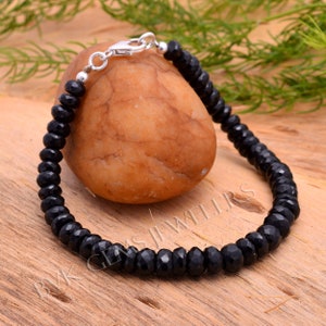 Natural Black Spinel Bracelet, Black Bead Bracelet, 5-7 mm Black Spinel Faceted Rondelle Beads Bracelet, Gemstone Bracelet,Black Gemstone